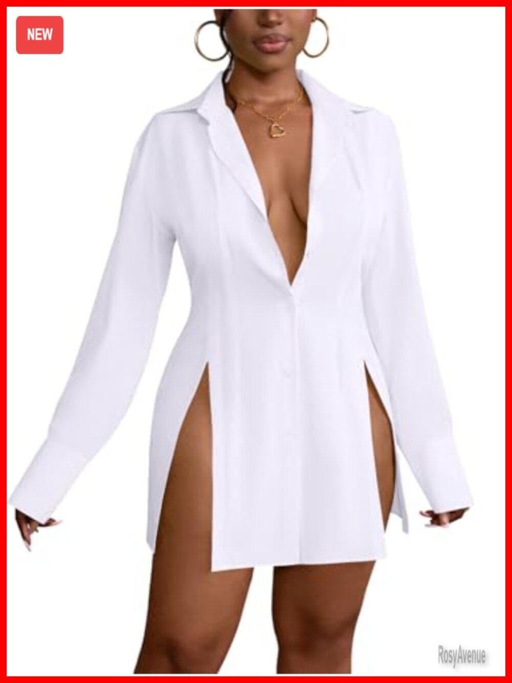 Women's Collared V Neck Long Sleeve Button Down Shirt Dress